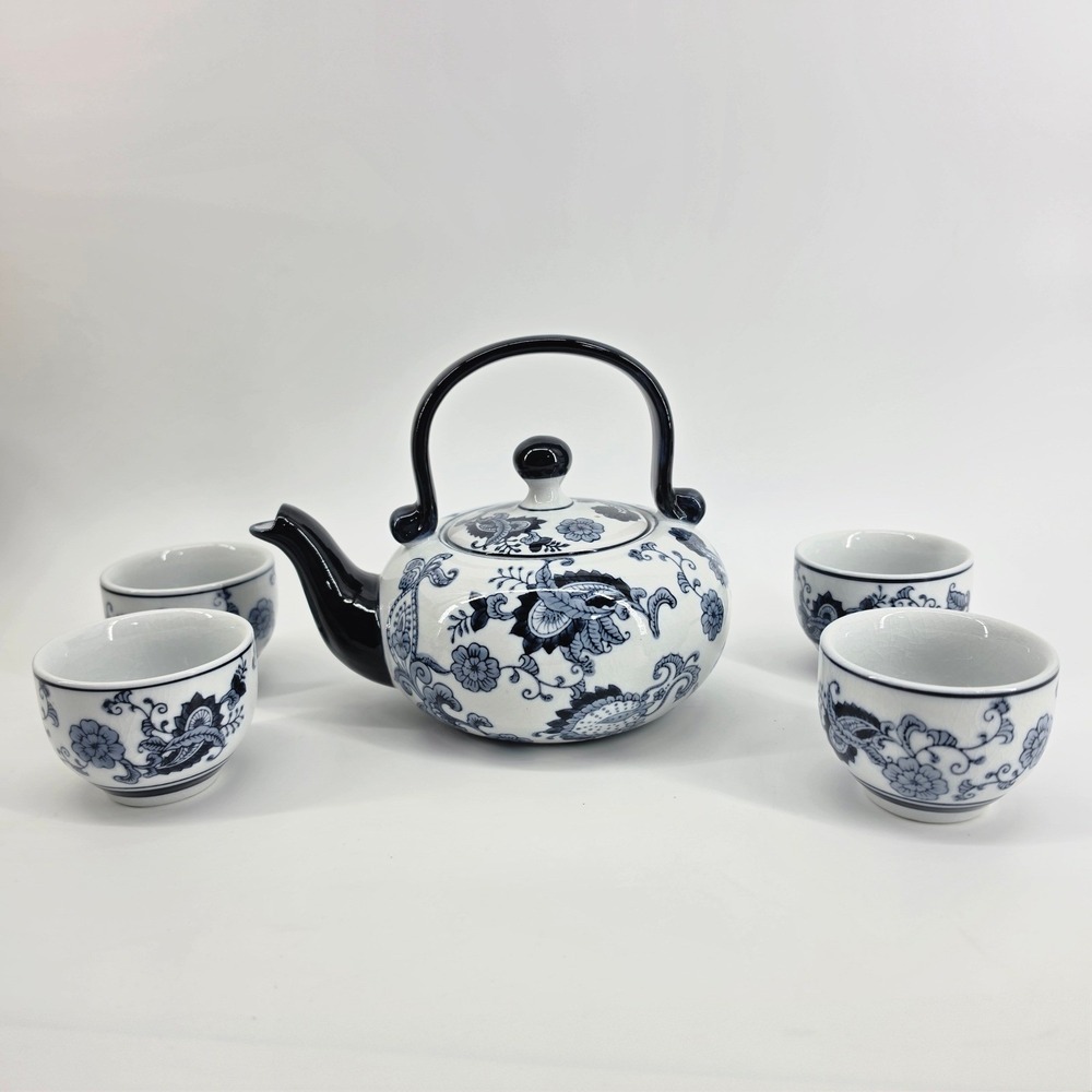 Vintage Pier 1 Blue White Porcelain Tea Set Teapot 4 Cups Paisley Chinoiserie